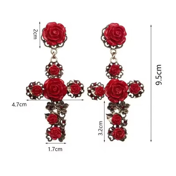 Unique anthropology flora vintage gold Red Rose Cross Earrings - Picture 10 of 10